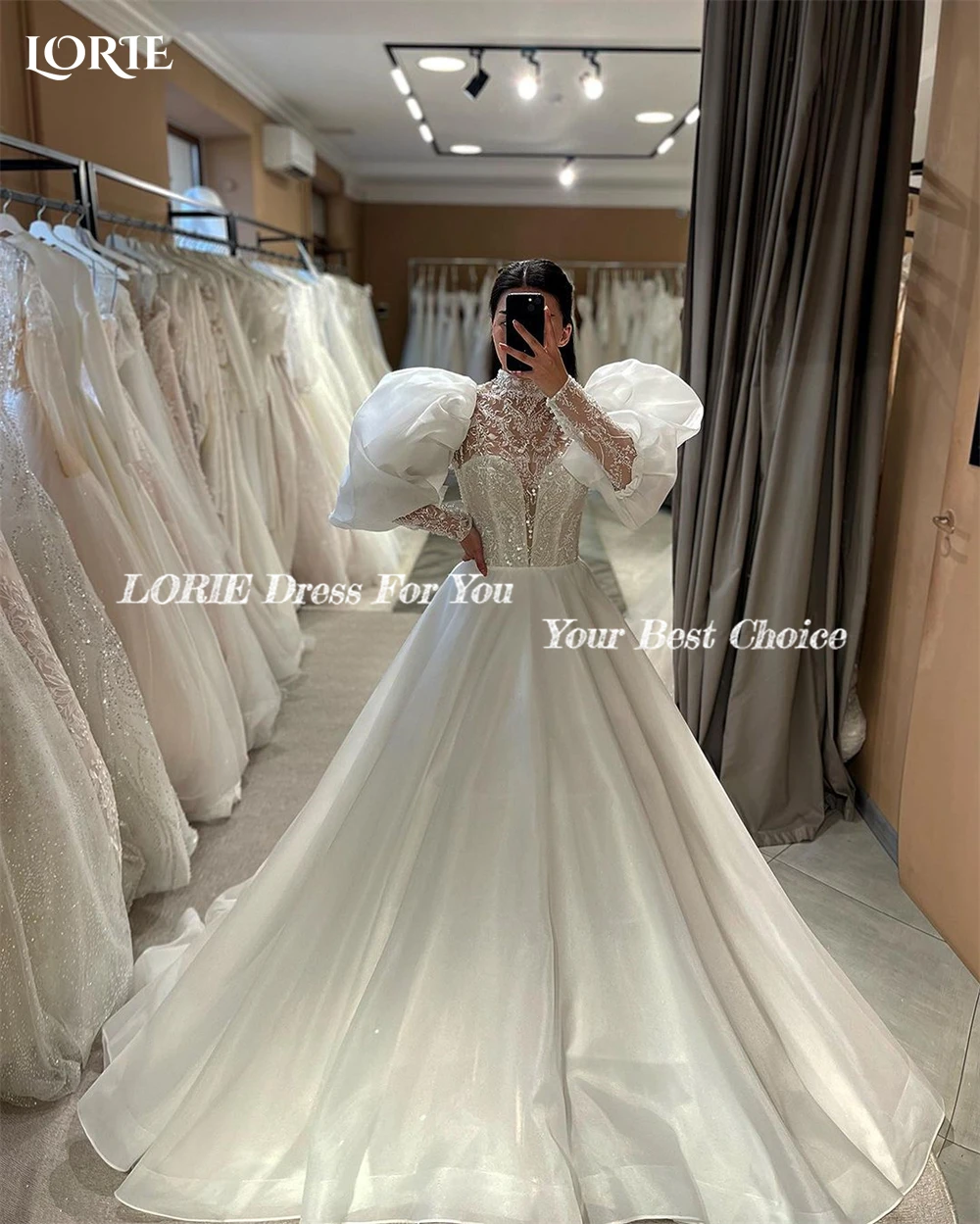 Lorie ชุดแต่งงานลูกไม้วิบวับวินเทจชุดเจ้าหญิง A-Line appliques แขนพัฟให้ความชุดเดรสเจ้าสาวคอสูง