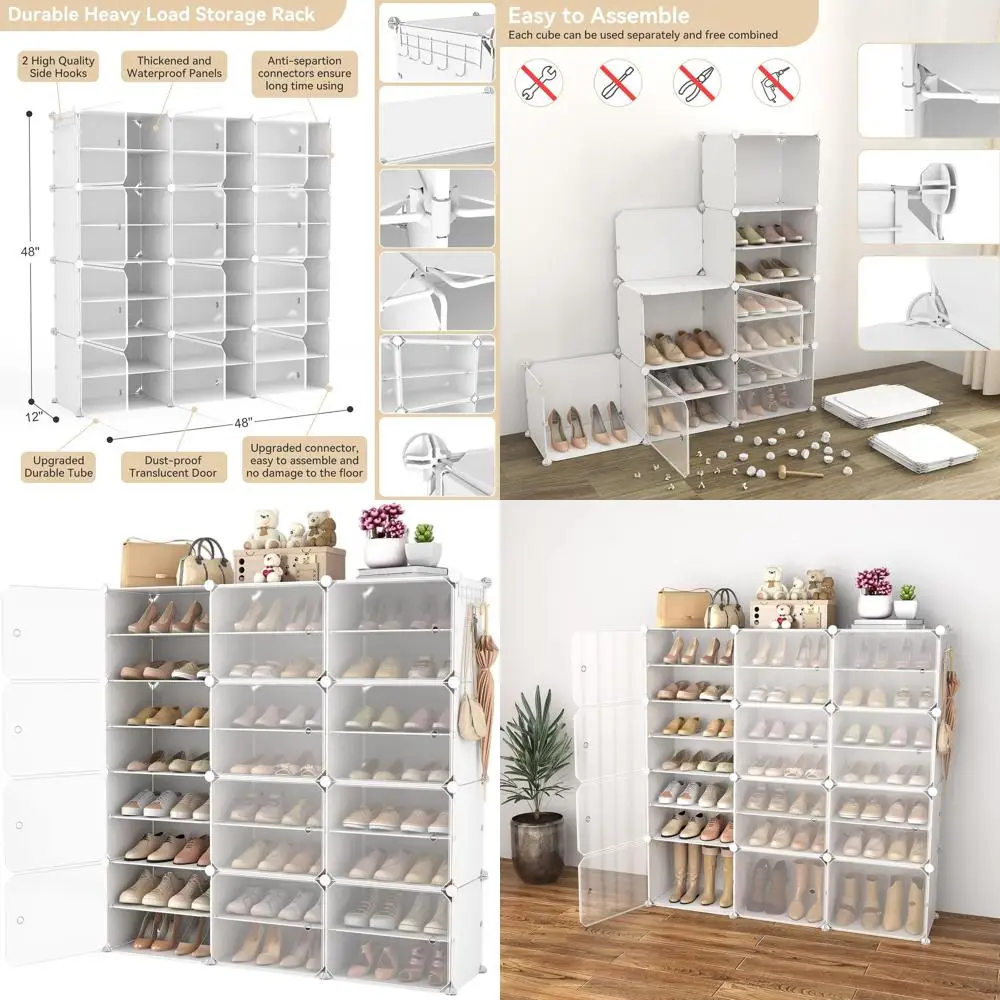 

Space-Saving 48-Pair Plastic Shoe Rack with Door, Easy Assembly, Stackable, Adjustable Shoe Storage Cabinet in White