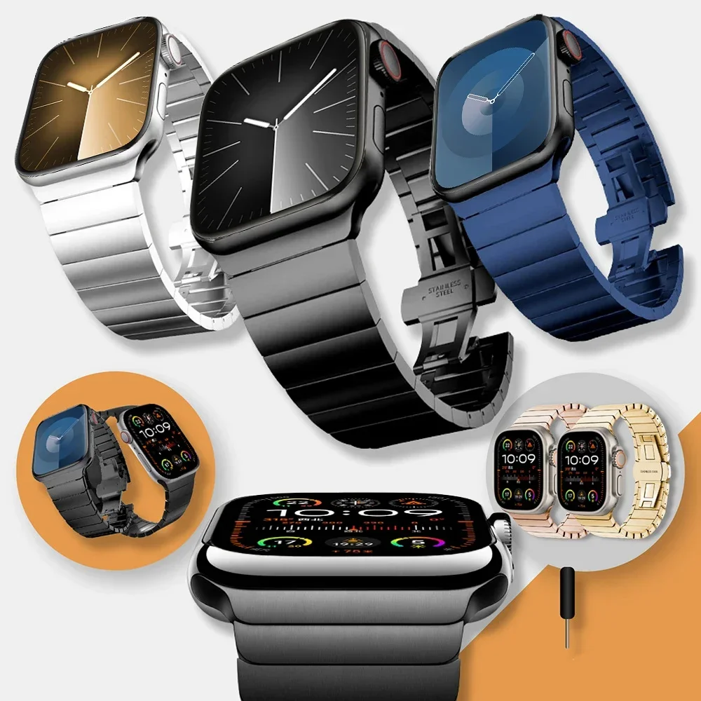 Cinturino in metallo per Apple Watch Ultra 2 10 9 8 7 6 5 4 SE Bracciale durevole con fibbia a farfalla iWatch 45mm 49mm 44mm 40/41/42/46mm