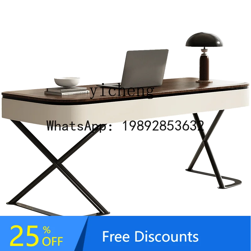 LL Solid Wood Desk Home Living Room Study Desk Walnut Saddle Leather Computer Desk