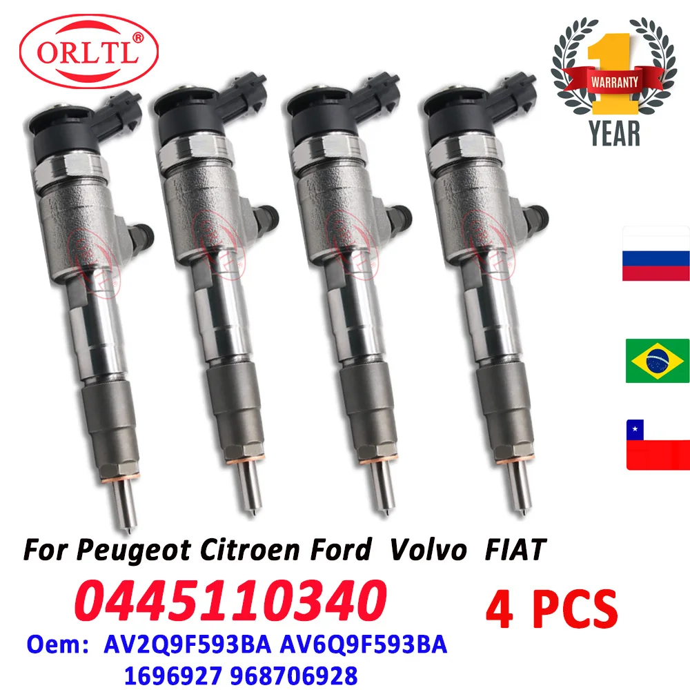 4 PC 0445110340 Diesel Fuel Injector AV2Q9F593BA Nozzle 0 445 110 340 AV6Q9F593BA ORLTL 968706928 For Peugeot Citroen Ford Volvo