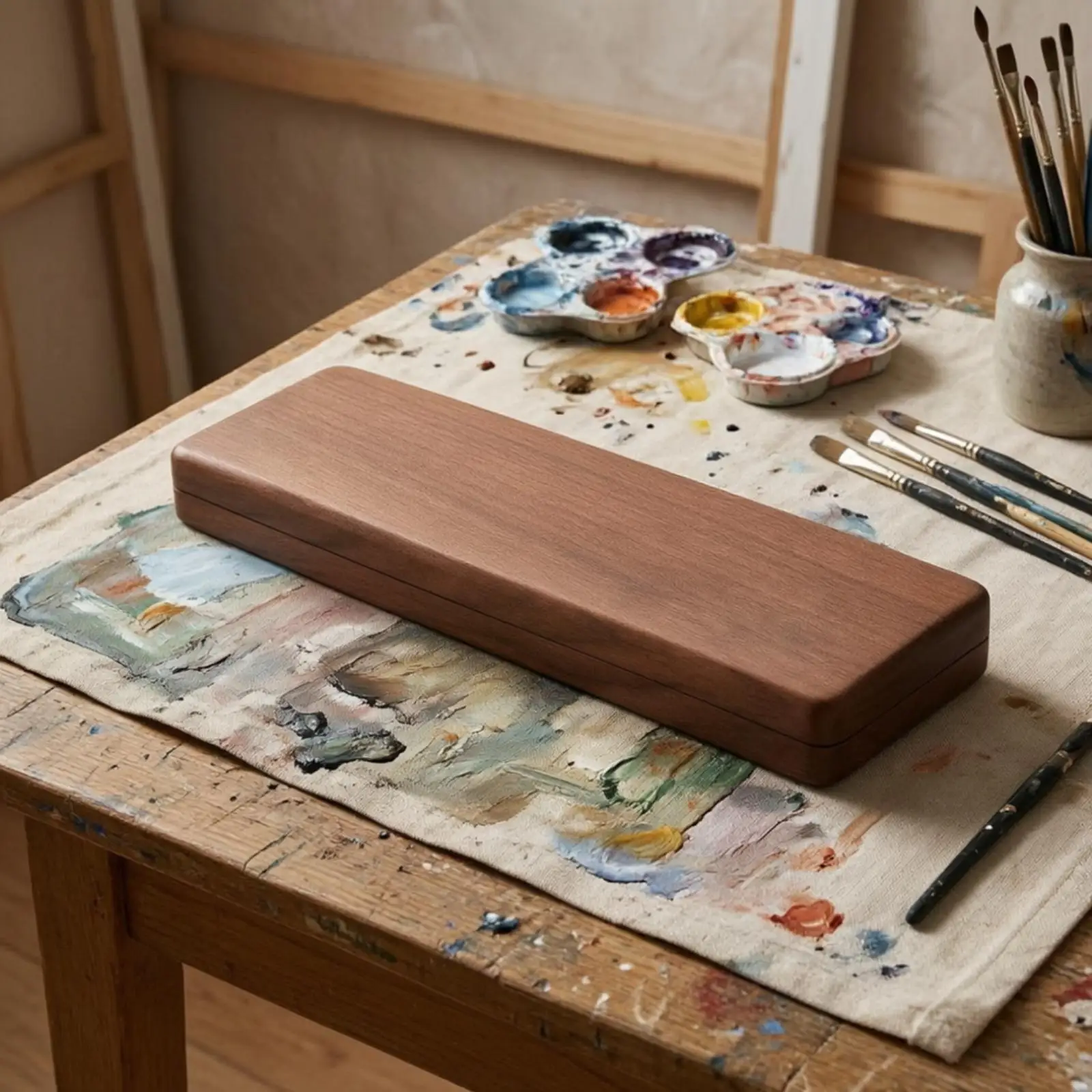 Compact Watercolor Paint Tray with Wood Grain Finish for Plein Air Artists