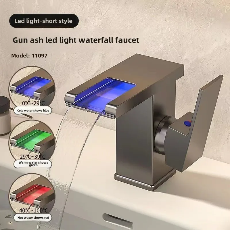 

Светодиодный смеситель-водопад для раковины, современный латунный кран для ванной комнаты, для холодной и горячей воды, элитные смесители