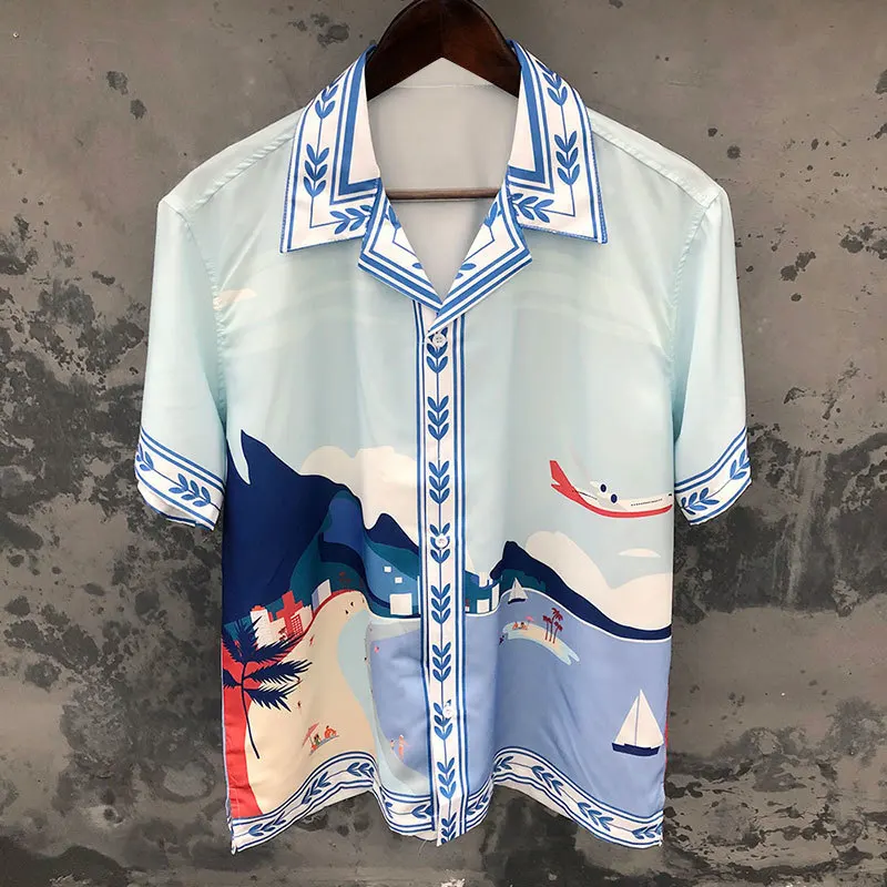 

Summer Hip Hop Island Print Beach Shirts Casual Short Sleeve Button Down Shirt Hawaiian Shirt Men Harajuku Camisas De Hombre