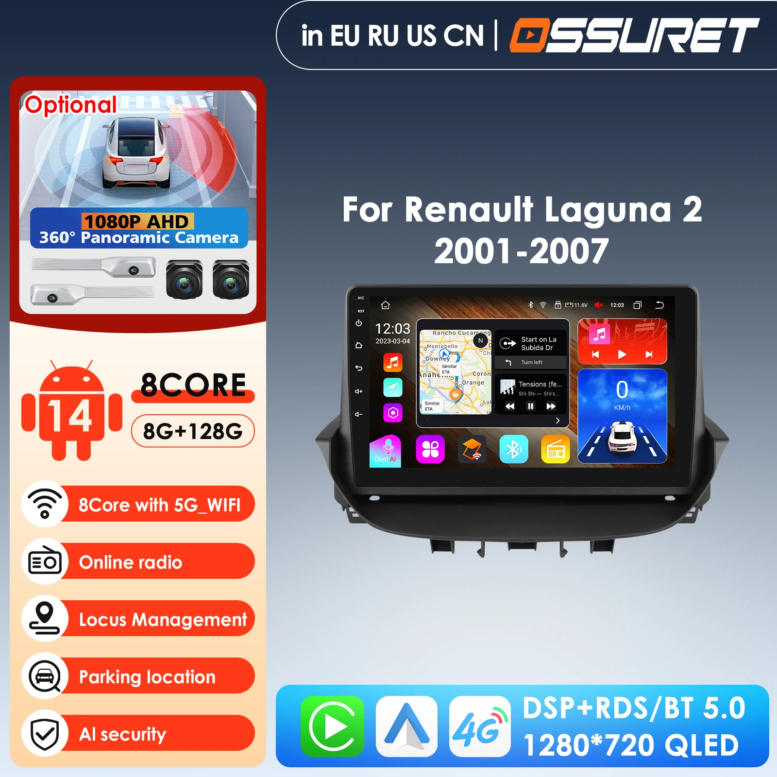 9inch Car QLED Screen 8G+128G 7862 2din Android Auto Radio for Renault Laguna 2 2001-2007 Navigation Multimedia Player Stereo