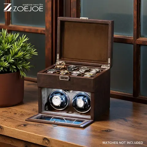 조이조이 자동 시계 와인더 PU 가죽 미국 플러그 시계 보관함 조명 및 투명 커버 포함 남녀 생일 선물