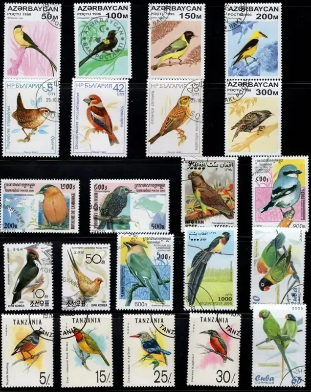 50 PCS Different Bird Stamps from Word, No Repeat, Good Condition Collection, Used with Post Mark