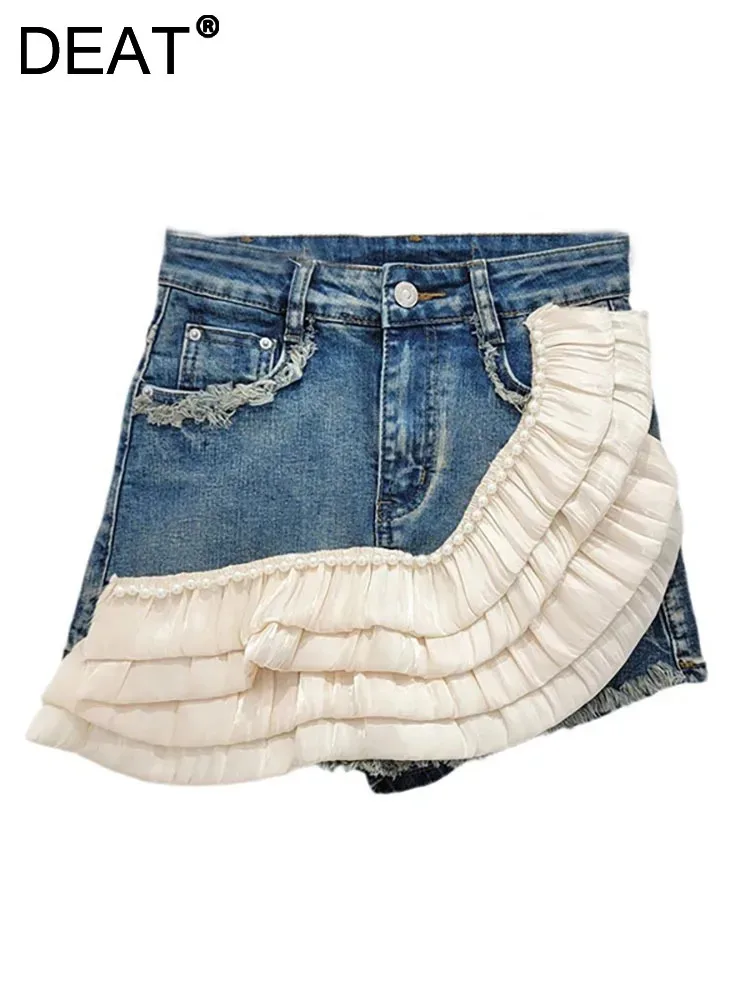 

DEAT Women's Denim Skirts Spliced Ruffles Edge Asymmetric Distressed Pearls Short Mini Skirt 2024 Summer New Fashion 33A1479