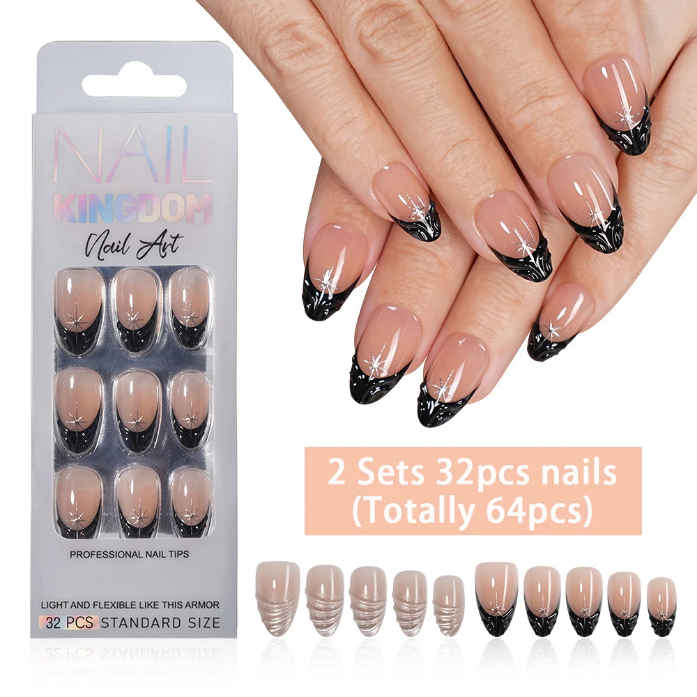 VITAGWX 64pcs Almond Press on Nails 2Sets 32pcs Fake Nails Black French Tip Nails Reusable Short False Nails Cat-eye Nail Art