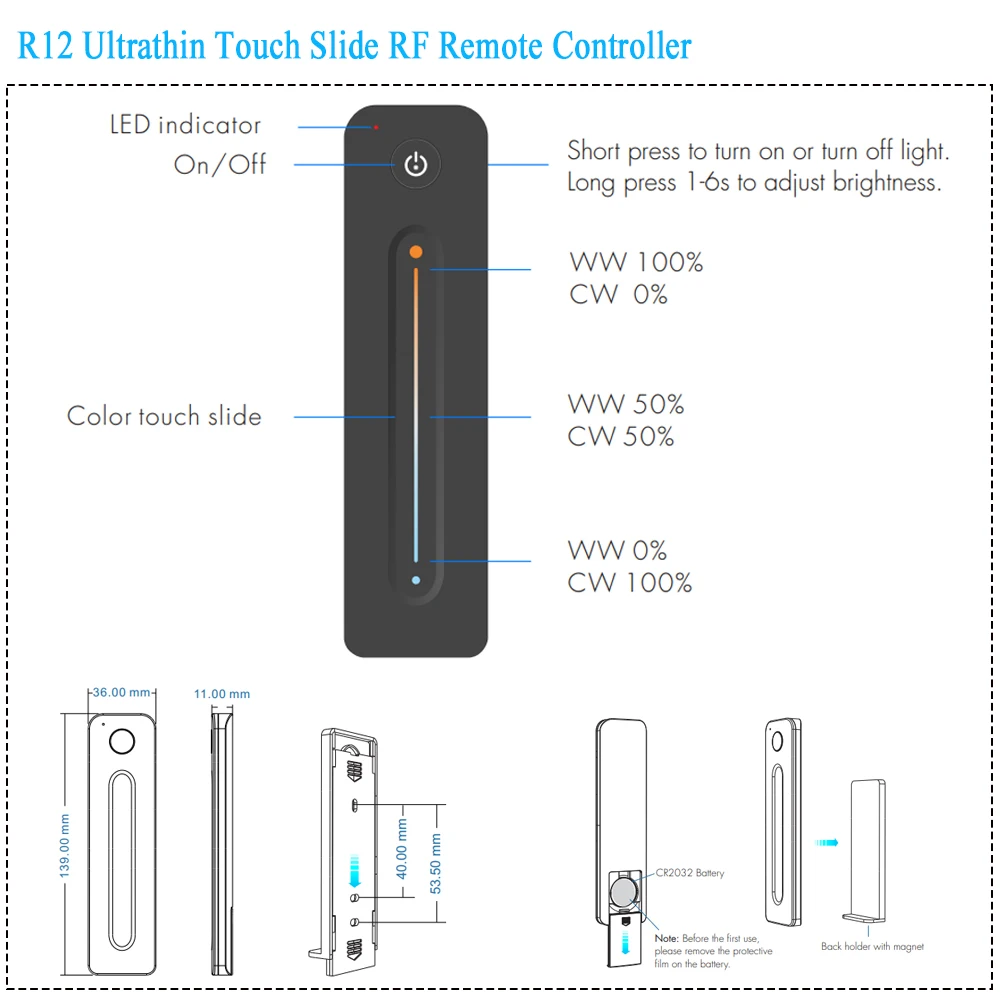 CCT LED Controller V2 12V 24V DC Dimmer 2CH 5A  With Auto-transmitting Function Fade Mode Touch Slide RF Remote Controller R12