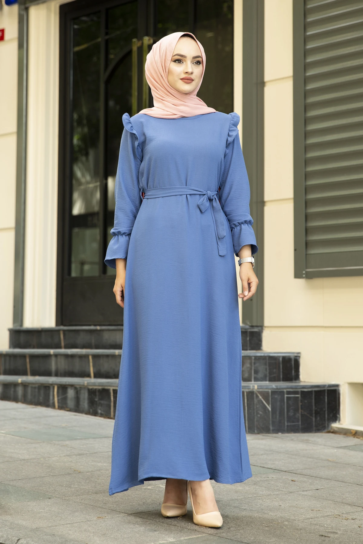 Waist Belted Shoul Frilly Dress NY-Indigo Winter Autumn 2021 Muslim Women Hijab headscarf Islamic Turkey