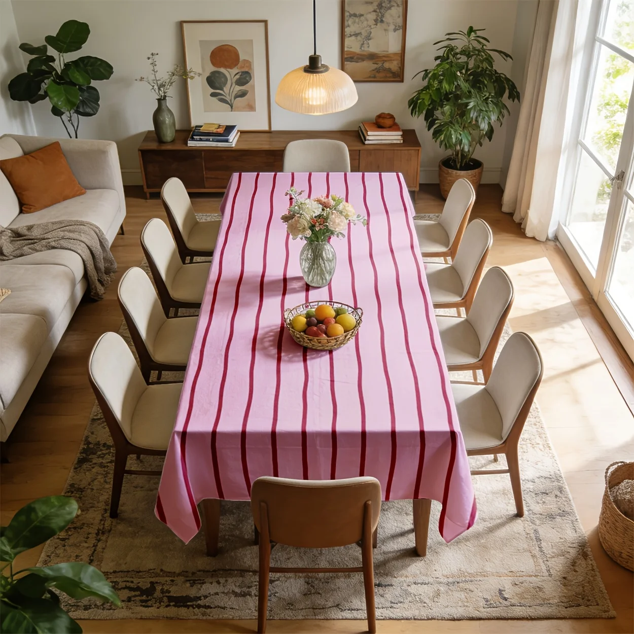One rectangular wave pattern tablecloth in pink color, suitable for both indoor and outdoor use.