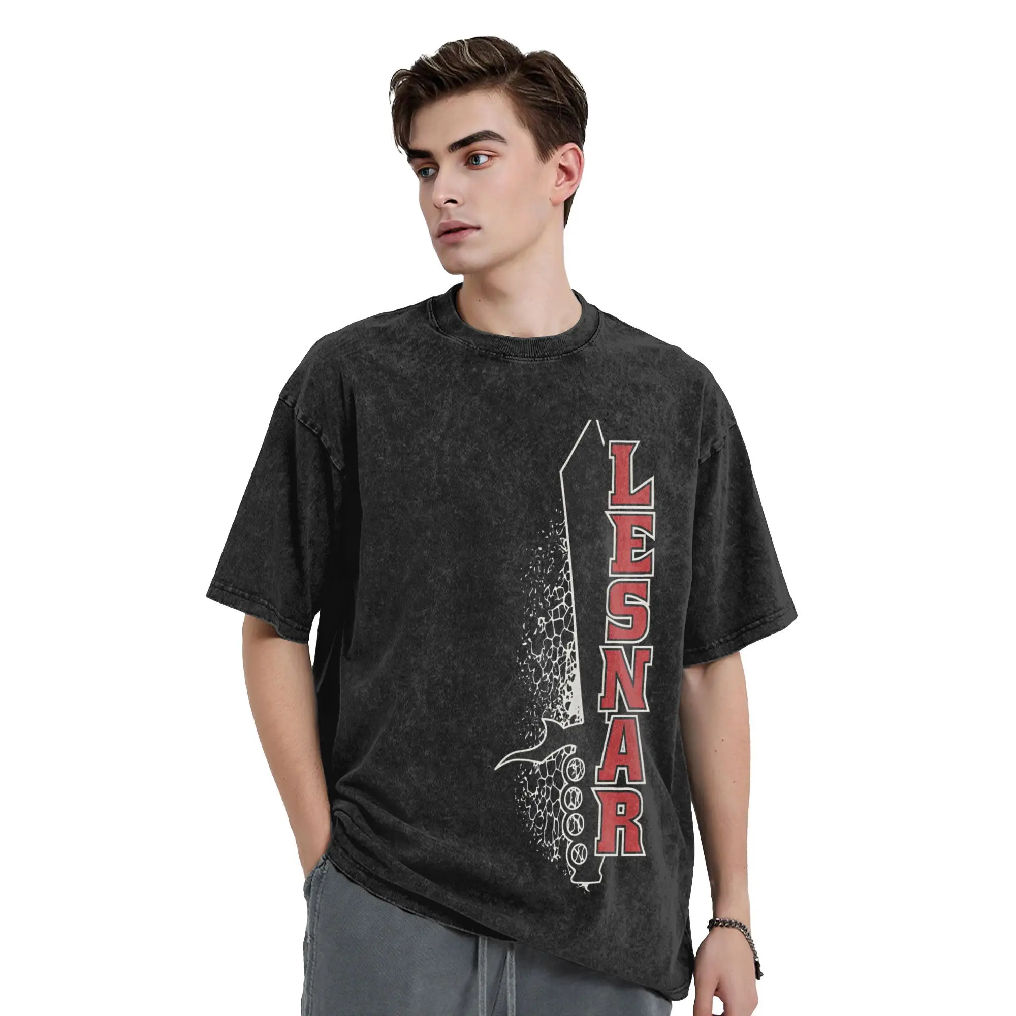 تي شيرت رجالي من Black Brock Lesnar تي شيرت جديد مغسول بأكمام قصيرة وياقة مستديرة تي شيرت قطني جرافيك