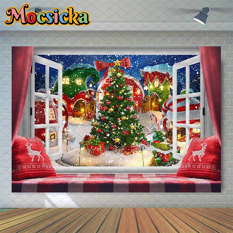 

Mocsicka Christmas Tree Photography Background Winter Window House Decorations Family Party Child Kids Portrait Photo Background