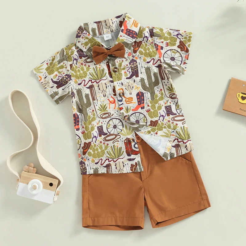 

Toddler Kids Boys Gentleman Outfits Cactus Print Short Sleeve T-shirt with Bow Tie and Casual Shorts Summer Set