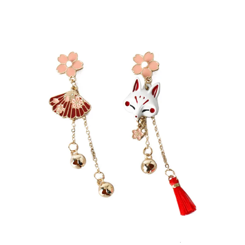 Enamel Fox Mask & Fan Earrings with Tassel, Japanese Style Dangle Earrings, Unique Oriental Themed Jewelry Wholesale