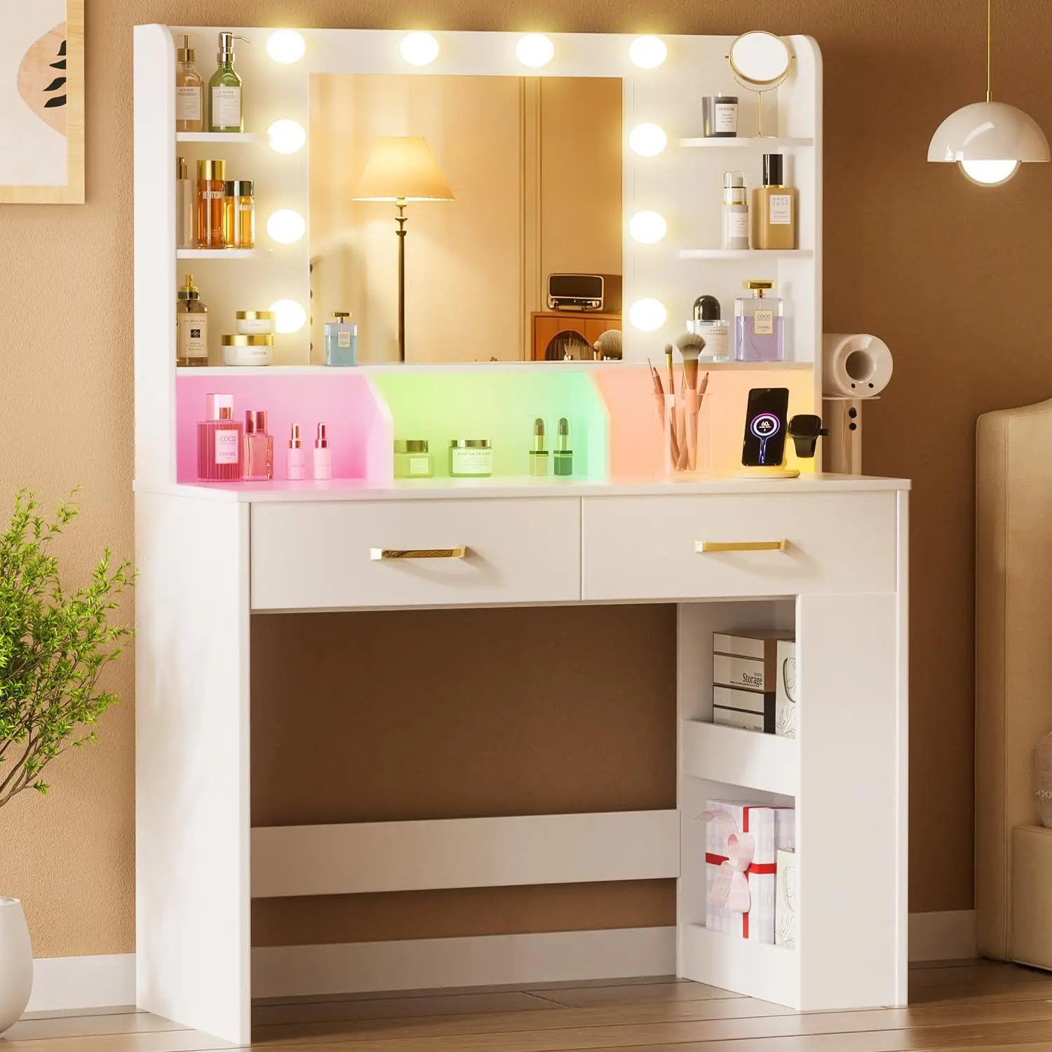 Vanity Desk with Lighted Mirror, RGB LED Lights, Large Storage, 3 Modes Adjustable Brightness for Bedroom