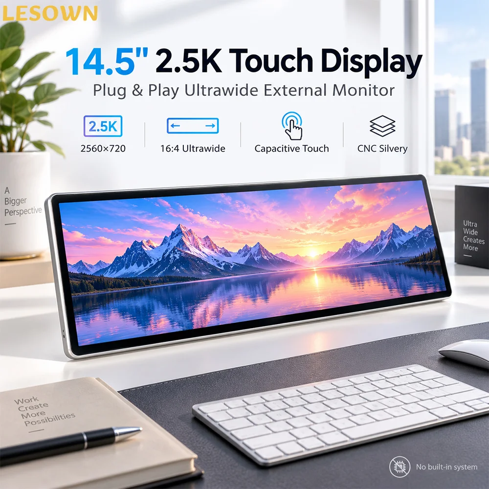 LESOWN 14.5 Inch Travel Touch Monitor 16:4 Ultrawide Screen Driverless Portable Display with Speakers for Business