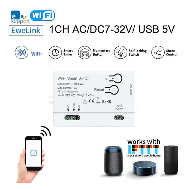 와이파이 스마트 스위치 Ewelink DIY 타이머 + 원격 1CH 7-32V 2.4G 와이파이 홈 자동화 모듈, 알렉사 구글 홈 IFTT용 흰색