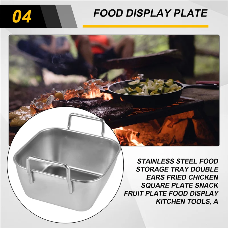 H-W Stainless Steel Food Storage Tray Double Ears Fried Chicken Square Plate Snack Fruit Plate Food Display Kitchen Tools