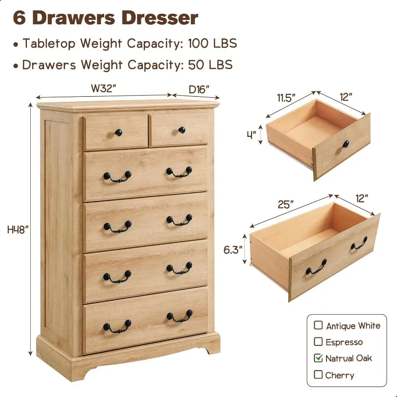 

6 Drawers Dresser Chests for Bedroom, 48" Tall Rustic Chset of Drawers, Wood Dressers Organizer for Bedroom, Living Room