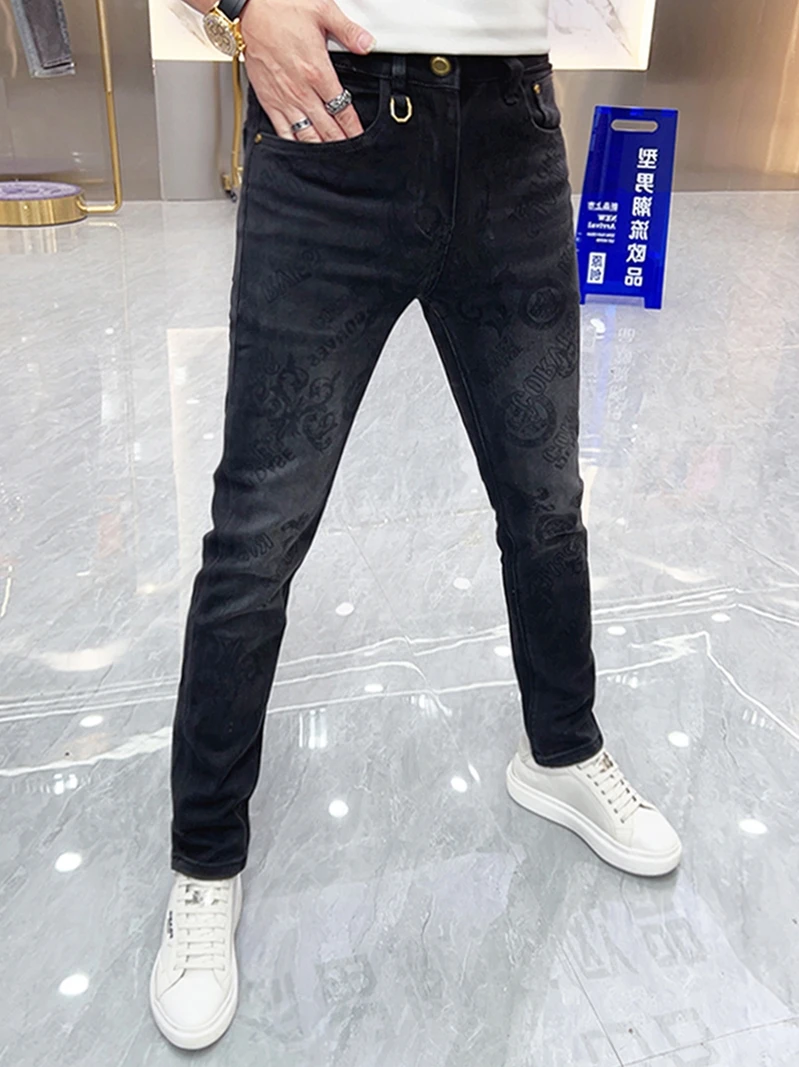 

Bla Printed Casual Men's Jeans Faionable Elastic Slimming Long Pants Autumn Winter Trendy Streetwear High Waist Straight Leg