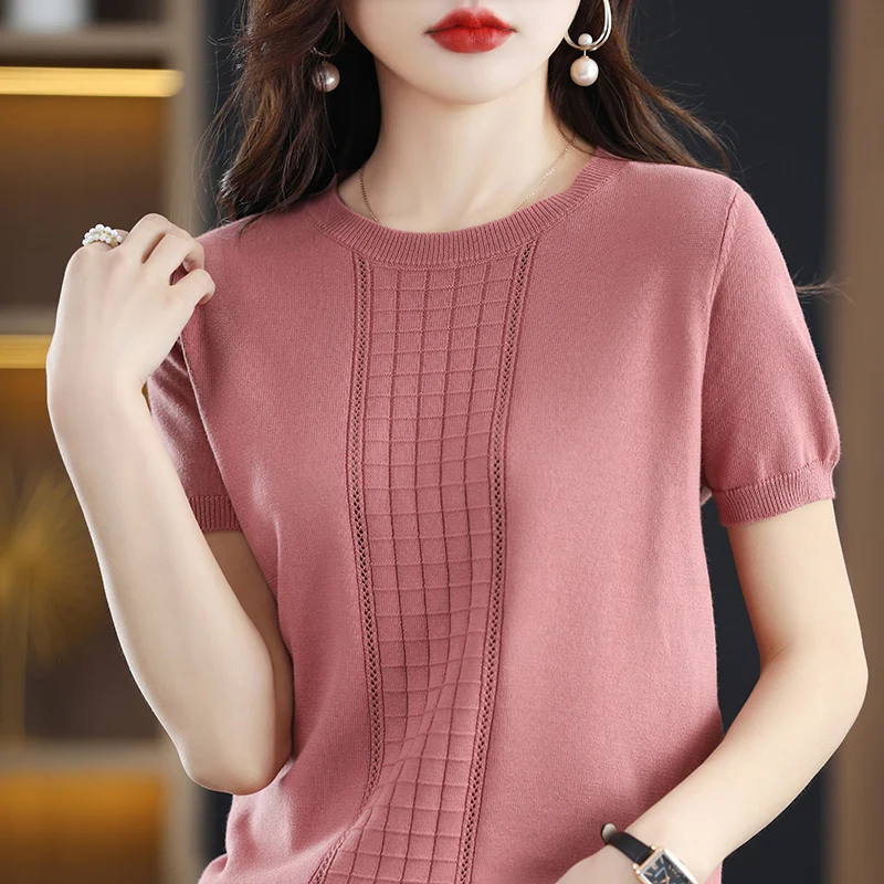 Women\'s T-Shirt Summer New 100% Cotton Pullover Short Sleeve Casual Solid Color Knit Crew Neck Ladies Tops Tees Blouse