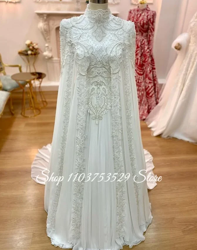 Customized White Printed Appliqué Muslim Wedding Dress Beaded Elegant Islamic Bridal Gown Engagement Dress Formal Evening Gown