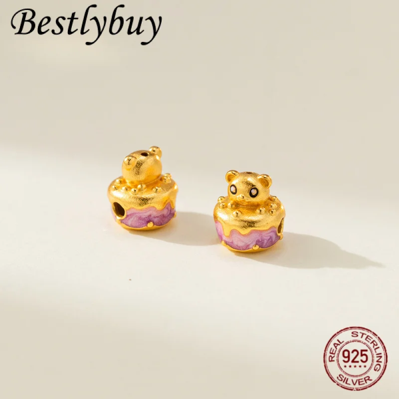 

Позолоченный браслет из чистого серебра S925 с 3D-подвеской в виде милого медвежонка, креативный, ручной работы, для самостоятельного изготовления, модный, на удачу, подарок