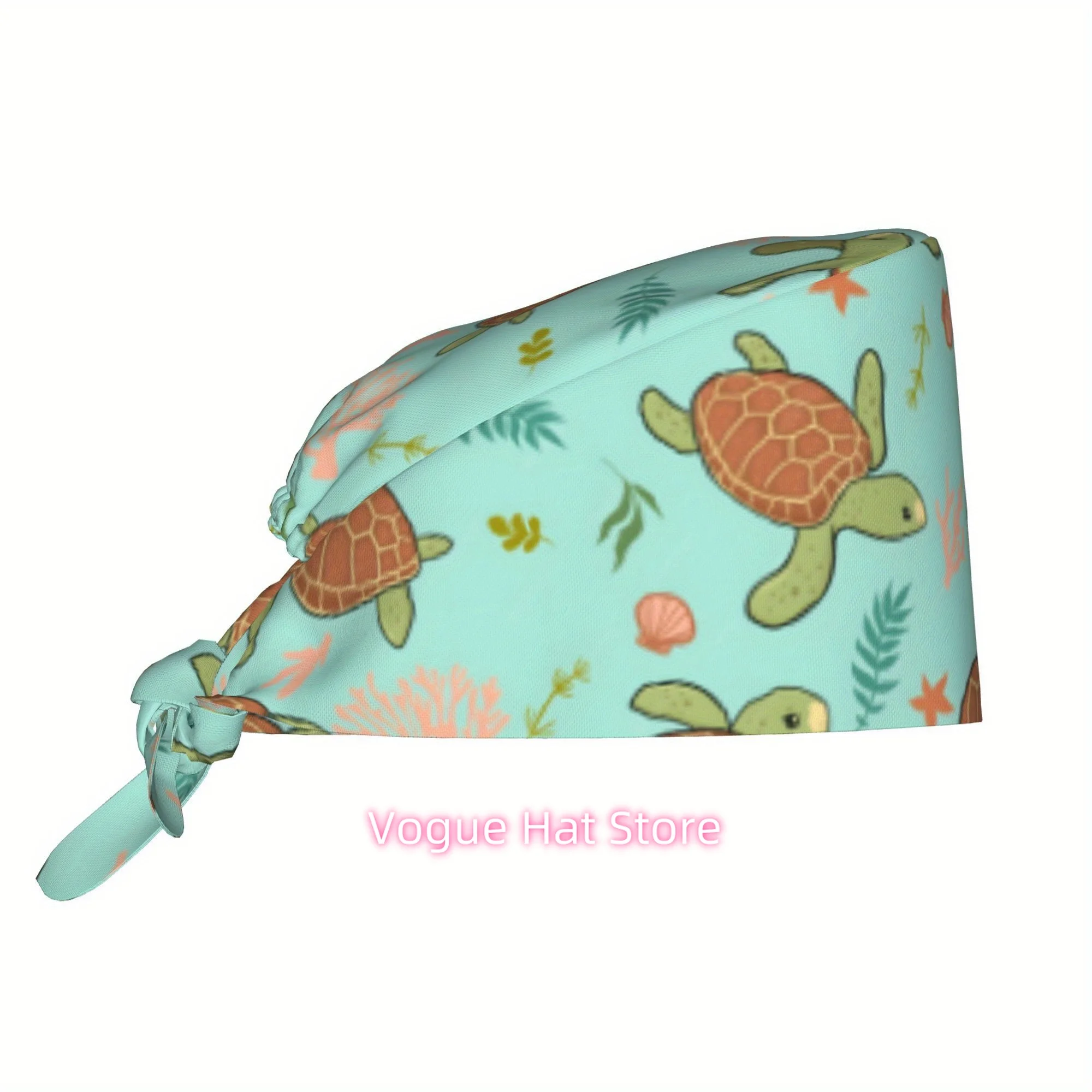 1pc Turtle and Shell Print Seamless Pattern Unisex Stylish Printed Work Cap - Lightweight Adjustable Skull Cap Tie-Back Nurse Ha