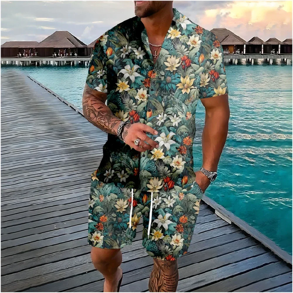 Hawaiian Palm Tree Florals Button Shirts Shorts Sets Colors Flower Streetwear Brand Tracksuits Casual Beach Men Clothing