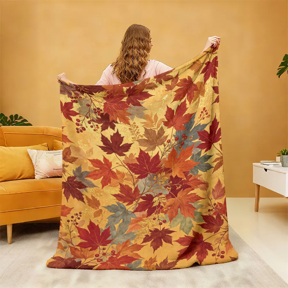 Retro Autumn Maple Leaf Berry Printed Flannel Blanket Multi Sizes Cozy Sofa Throw Soft Nap Blanket For Office Break Lounge In