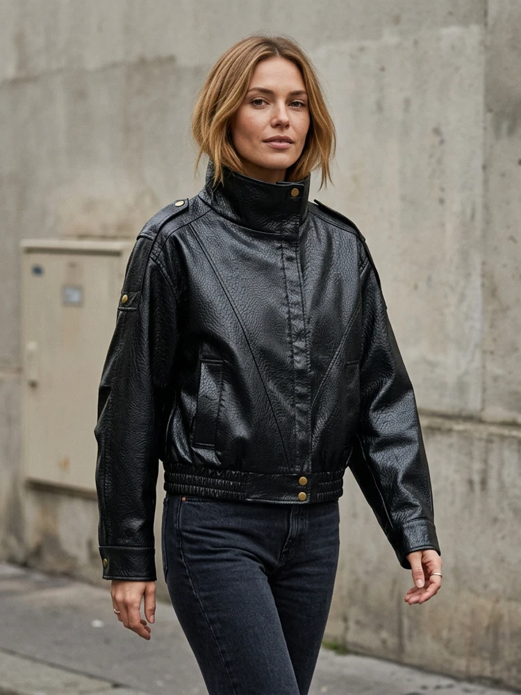 Women Black Imitation Leather Short Jackets Casual Long Sleeves Stand Up Collar Zipper Loose Fit Coats Lady High Street Outwear