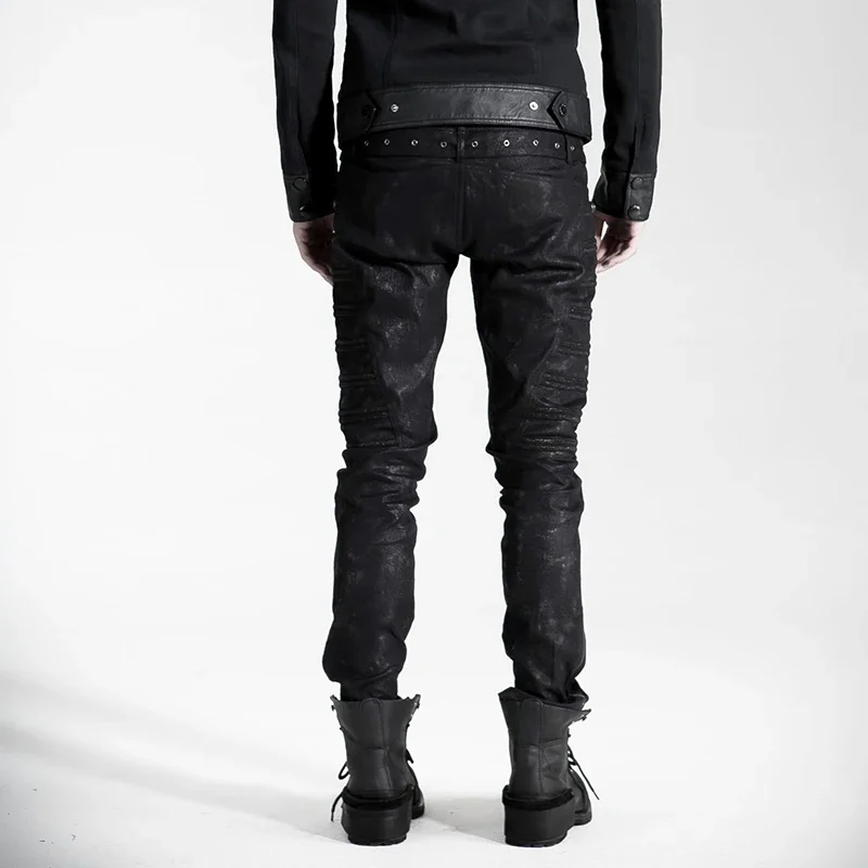 PUNK RAVE Men's Uniform Style Steampunk Street  Handsome Straight Elastic Pants Fashion Black Rivet Men Pencil Trousers