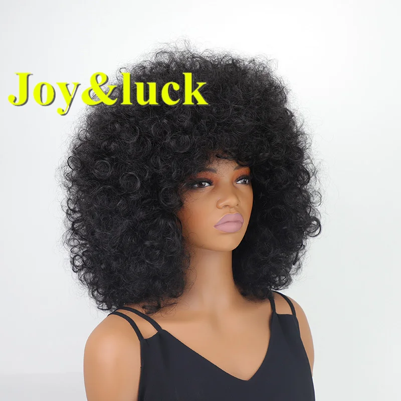 Perruques Synthétiques Courtes Bouclées Noires avec Frange pour Femme – Style Afro Kinky Fluffy pour Cheveux Frisés Féminins