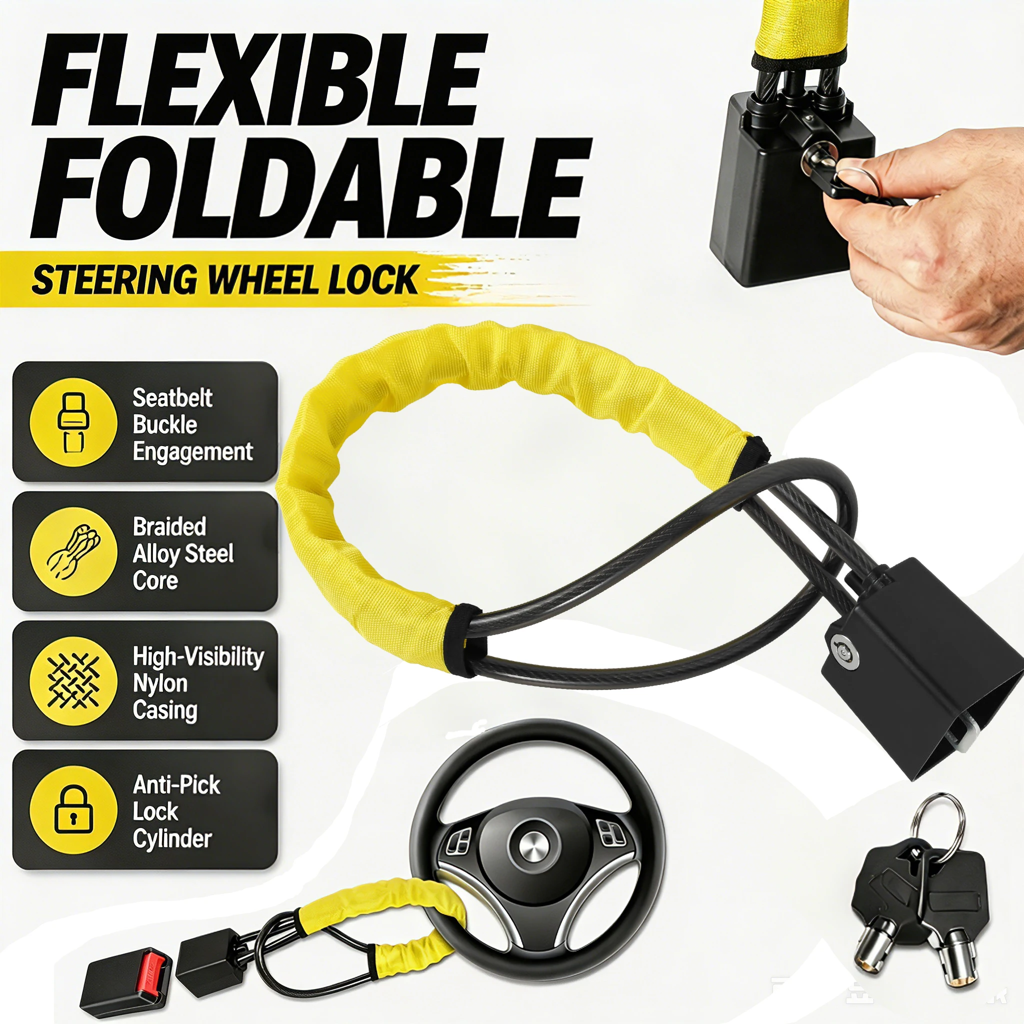 Car Steering Wheel Lock Anti Theft Device Belt Buckle Cable Locks High Visibility Yellow Security Fitting for SUV Truck Van