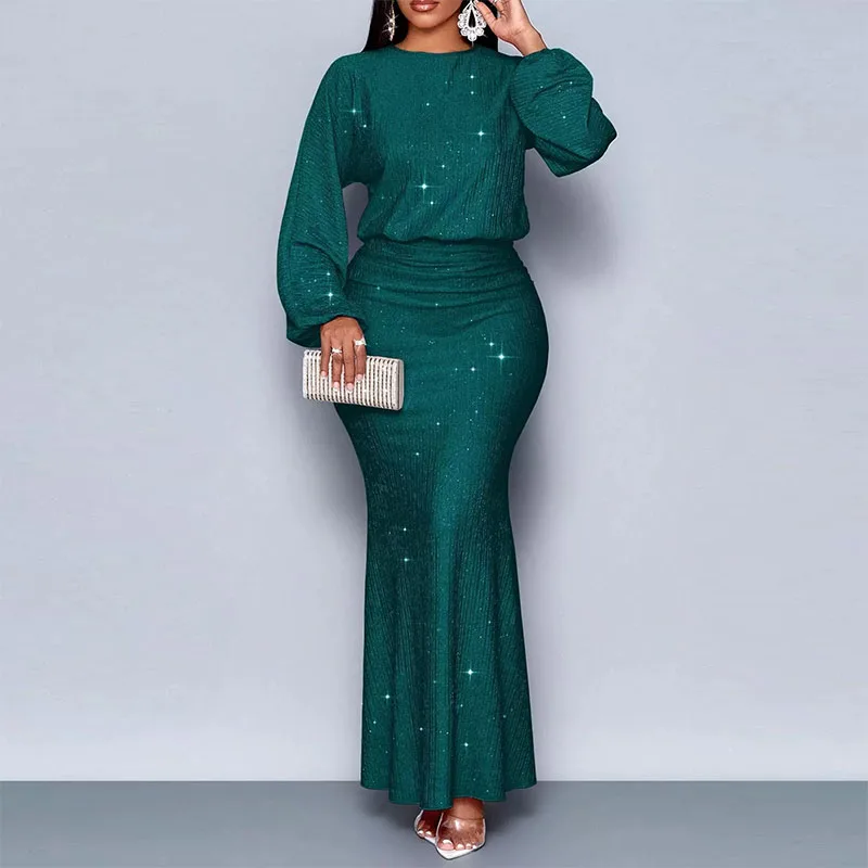 Elegant O-neck Long Sleeve Fishtail Dress Women Fashion Hight Waist Draped Long Dress Casual Shiny Sequins Solid Party Dresses