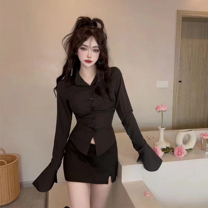 Sexy Slim Bandage Shirts Women Y2K Fashion Lapel Bell Sleeve White Blouses Female Korean Streetwear Spring Buttons Tops New