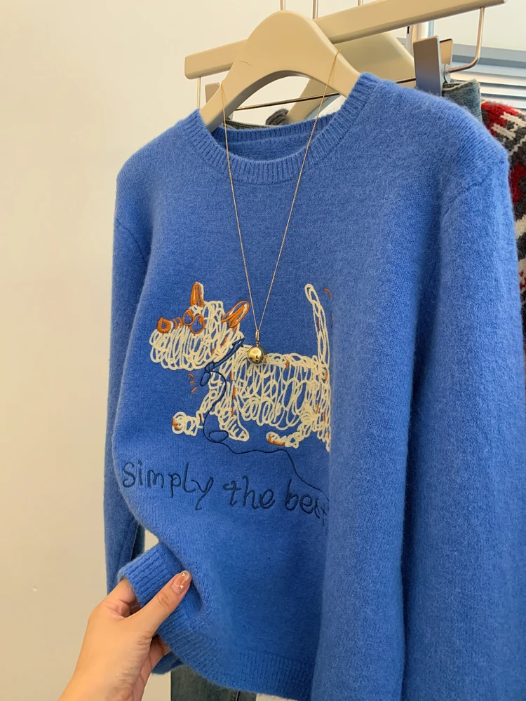 レディース クラインブルー パピー刺繍セーター プチ クロップド オーバーサイズ ニットトップ 秋冬 刺繍入りプルオーバーセーター