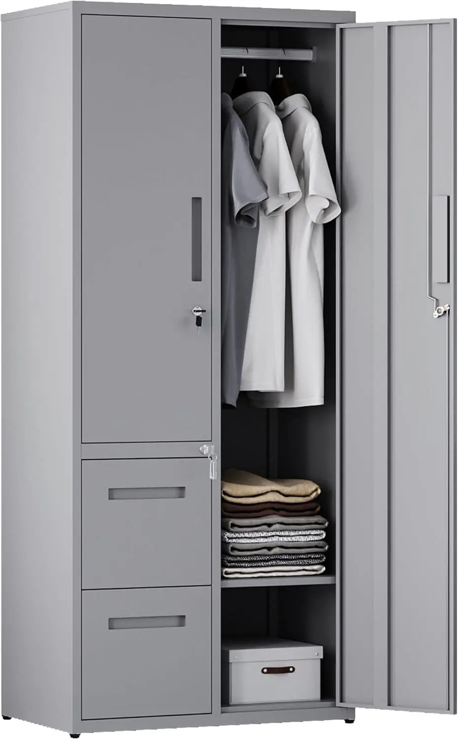 Metal Storage Cabinets with Drawers, Staff Locker with Lock Door and Shelves-Wardrobe Clothing/File/Tool Storage (Gray)