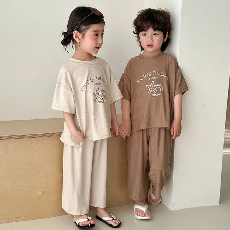 2025 Summer Kids Sleepwears Set Boys Cute Starfish Letter Home Suit Cotton Soft Children Girls Thin Pajamas Loungewears