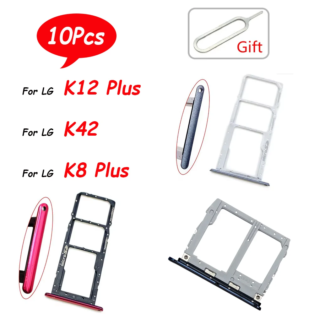 10 peças, suporte de bandeja para lg k12 plus k8 plus k22 k42 k52 k62 k11 plus duplo slot para cartão micro sim bandeja titular peças de leitor de cartão sd