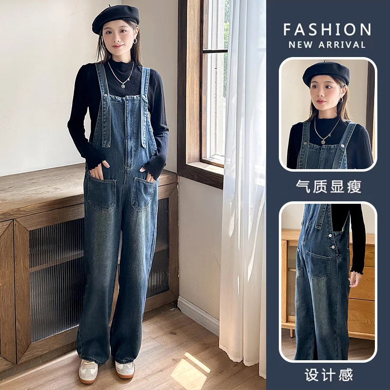 Vintage Washed Maternity หญิงตั้งครรภ์ Overalls Denim กางเกงยีนส์สีฟ้าเยาวชนการตั้งครรภ์ Jumpsuits หลวมขากว้างตรงกางเกง