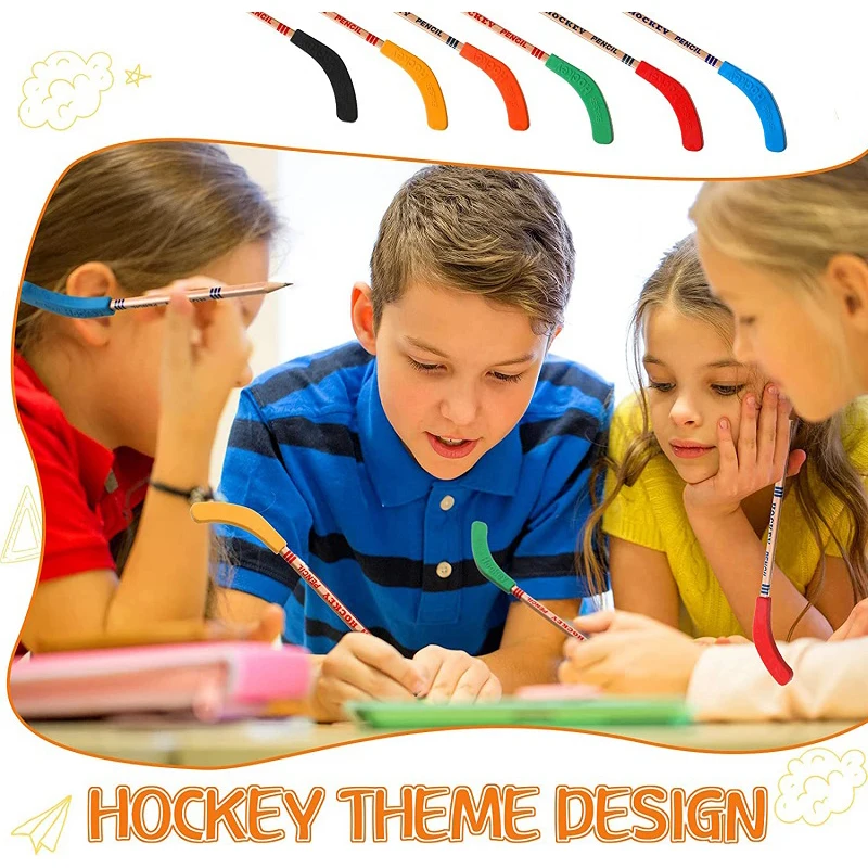 6Pcs Hockey Pencils And Erasers 9 Inch Hockey Stick Pencils for Kids Students Sports Fans Birthday Party Gifts