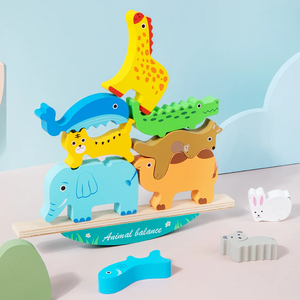 Bloco de empilhamento de animais de madeira, jogo de forma correspondente, quebra-cabeça, brinquedo de equilíbrio montessori, treinamento de motor fino, brinquedos educativos para crianças