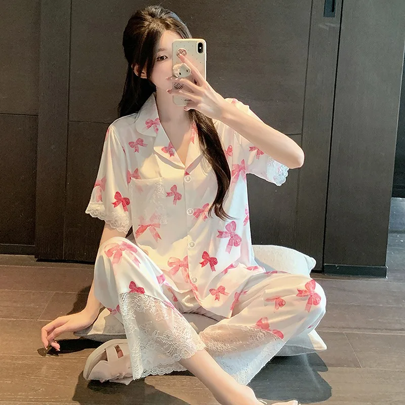

Летняя женская ночная рубашка: милый и милый повседневный пижамный комплект с бантом и воротником с короткими рукавами, модные брюки в тон