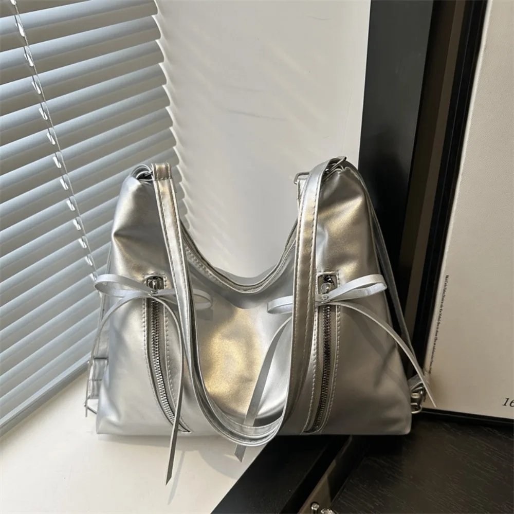Sweet Silver Bowknot Shoulder Bag Large Capacity Korean New Style Bow Tote Bag Y2K Elegant Bow Crossbody Bag Shopping