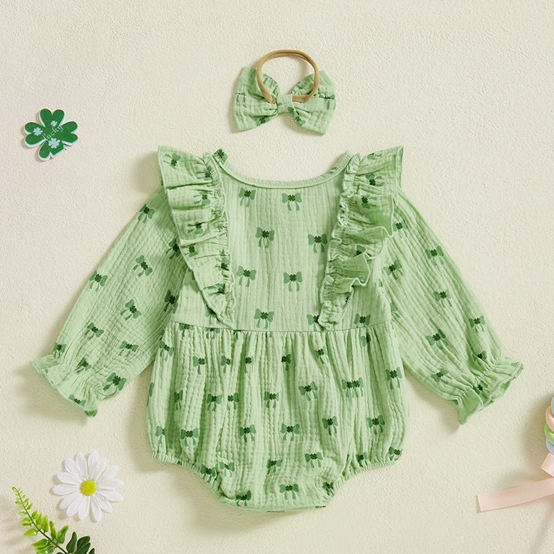 Baby Girls 2Pcs Spring Outfits Ruffle Long Sleeve Bow Print Romper with Headband Set Newborn Clothes