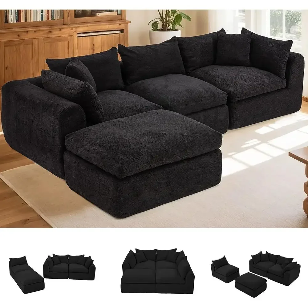 Southern L-Shaped Cloud Sofa with Deep Seat and Ottoman, No Assembly Required, Black