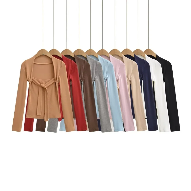 

2025 Ins Sle Long Sve Knot Outerwear Slim Fit Base irt T-irt Women's Faion Wrap around Design Top